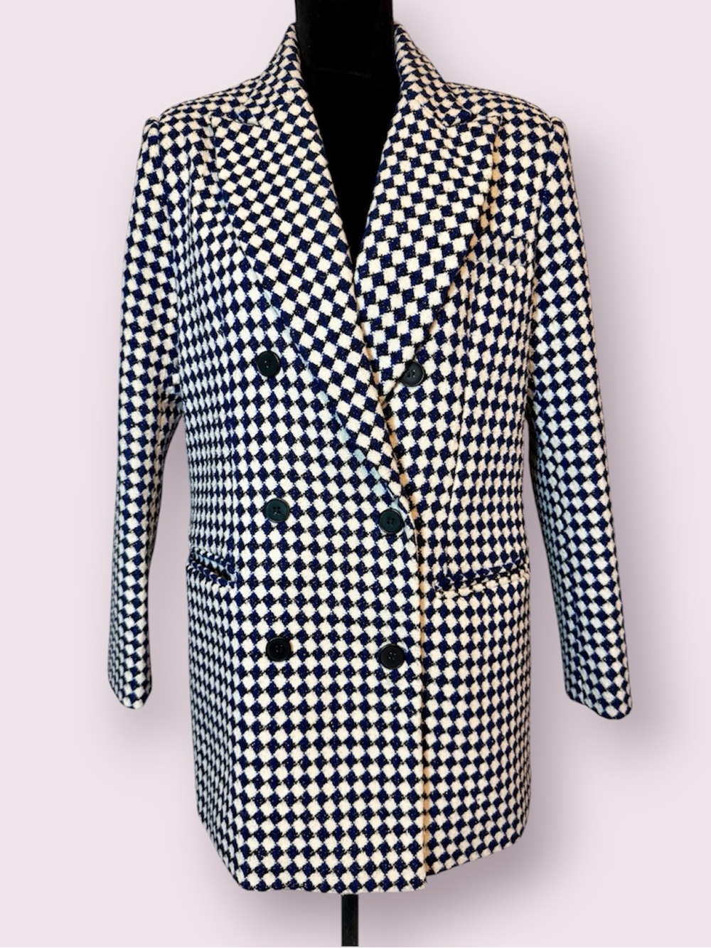 Nasty Gal Double Breasted Longline Houndstooth Blazer Pea Coat Blue White Size 6